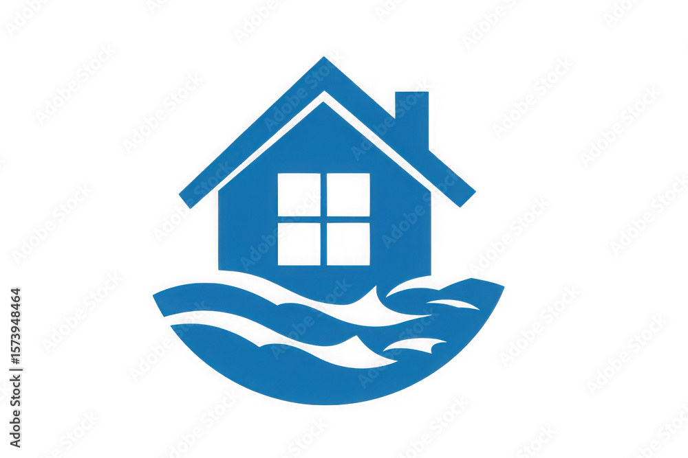 Blue house with window and chimney above water waves on white background Blue house with window and chimney above water waves on white background
