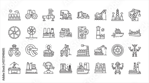 Vector illustrations of key industrial sectors like aerospace, ship construction, and resource extraction.


