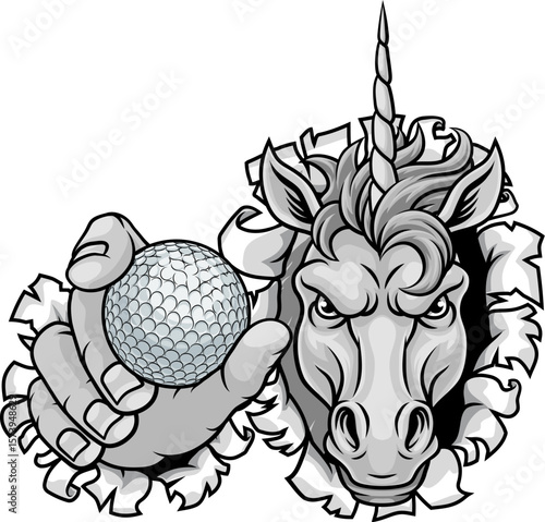 Unicorn horse stallion angry golf sports team mascot holding a ball.
