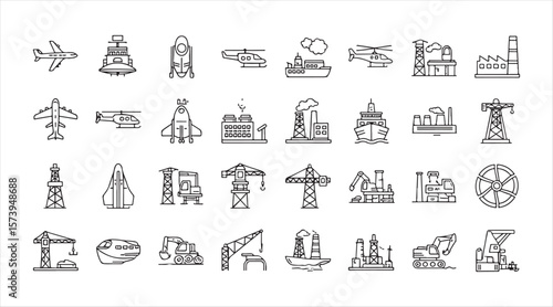 Clean outline icons representing core industries such as production plants, mining operations, and engineering.



