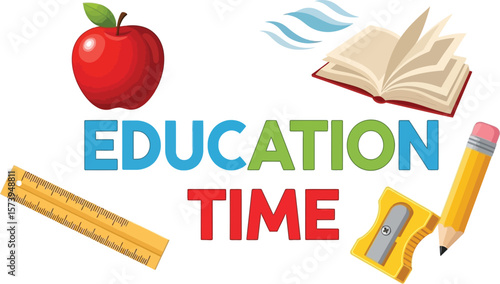 Illustration of school supplies with education time text and apple book