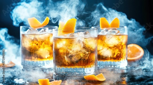 Smoky Old Fashioneds, ice, orange zest, dark background, bar menu