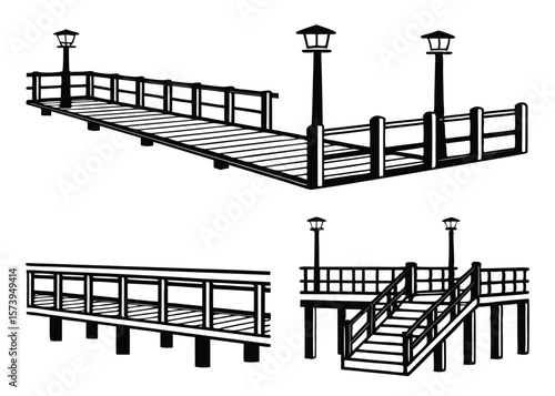 Black and white vector illustration of various pier designs with lampposts on white background