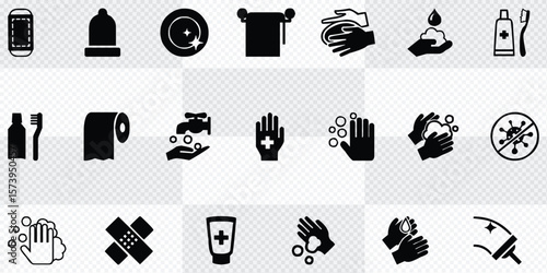 Hygiene icons. Outline icons about clean and disinfect