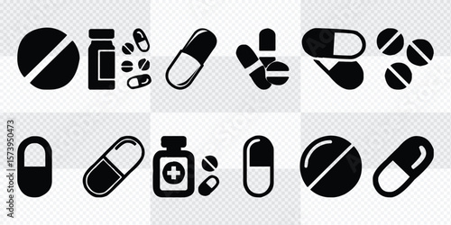 Pills and capsules icons set. Vector illustration. Pharmacy symbols and objects.