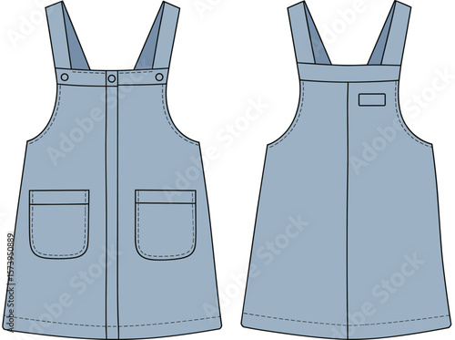 Kids Denim Overall Dress Technical Fashion Flat Sketch, Adjustable Straps and Pockets, Blank Apparel Template in Blue, Front and Back Views.