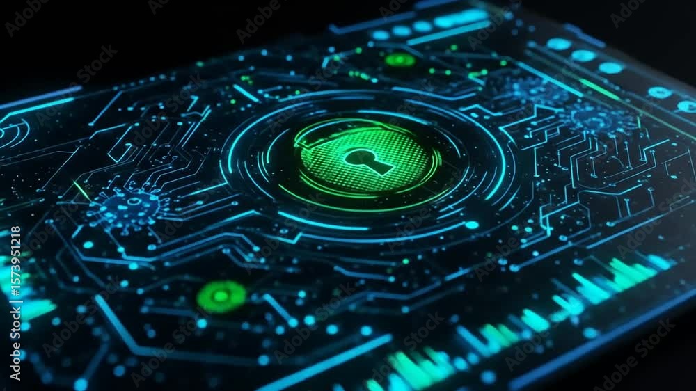 Futuristic digital interface displaying a secure lock symbol with intricate circuitry and data visualizations Futuristic digital interface displaying a secure lock symbol with intricate circuitry and data visualizations