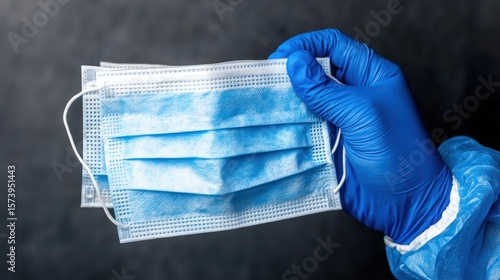 Gloved hand holds masks, dark background, safety, healthcare