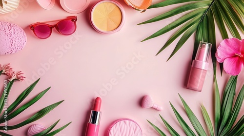 Pink tropical cosmetics flatlay; summer beauty products; pink background; ad template
