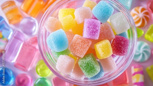 Colorful sugary cubes in glass bowl, candy assortment background, sweet treat food photography