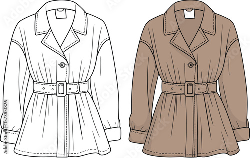 Women's Belted Utility Jacket Technical Fashion Flat Sketch, Long Sleeve Collared Design, Blank and Khaki Apparel Template, Front View for Customization.