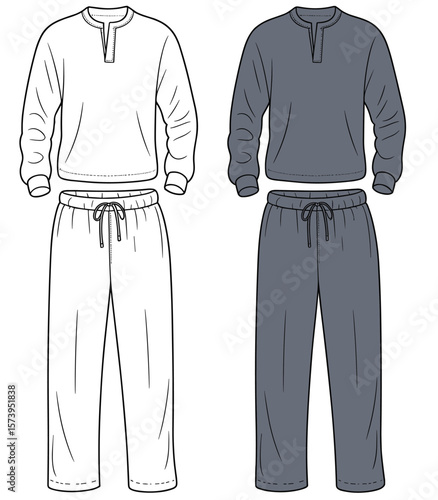 Men's Henley Pajama Set Technical Fashion Flat Sketch, Long Sleeve Top and Drawstring Pants, Blank and Dark Grey Apparel Template for Customization.