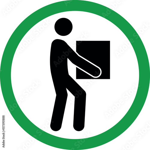 Safety box lifting sign. Correct way to lift box. Green circle background. Industrial signs and symbols.