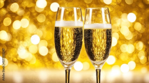 Sparkling champagne flutes, celebration, gold bokeh background, festive toast