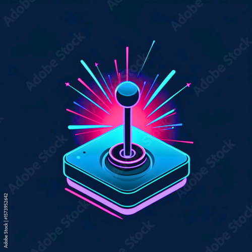 Retro arcade joystick glowing with vibrant neon energy and radiating light bursts