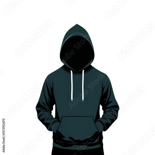 Anonymous figure wearing a dark hooded sweatshirt with hands in pockets