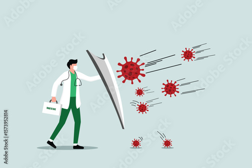 Fight and protect COVID-19 Coronavirus outbreak concept, Doctor wearing sanitary mask with stethoscope holding protective shield and vaccine box to protect from COVID-19 coronavirus pathogens.