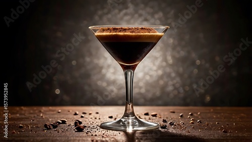 Elegant espresso martini cocktail with coffee beans and cocoa powder garnish