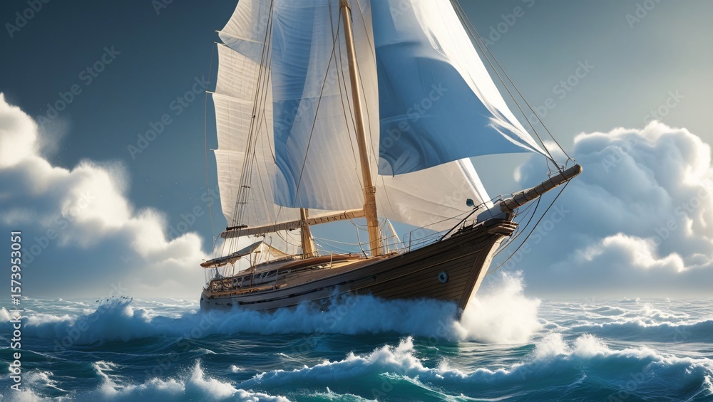 Fototapeta premium Majestic wooden sailboat with billowing white sails navigating choppy blue ocean waves under a cloudy sky