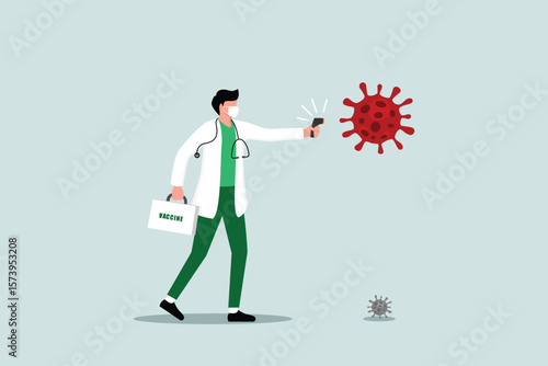 Fighting to stop COVID-19 Coronavirus world pandemic outbreak concept, doctor full protective gear, vaccine box holding infrared thermometer to measure temperature as a gun to fight virus pathogen.