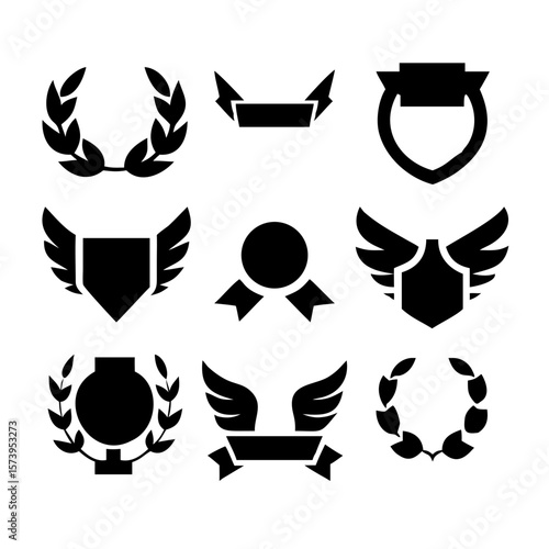 elegant laurel wreaths, shields, wings, and ribbon vector set.black-and-white vector pack of wreaths, shields, banners, and wings .Collection of six heraldic emblems with shields laurels helmet.
