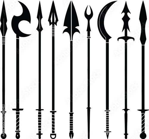 Ancient Spear Silhouettes Collection, Medieval and Fantasy Weapon Icons.

