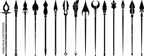 Ancient Spear Silhouettes Collection, Medieval and Fantasy Weapon Icons.


