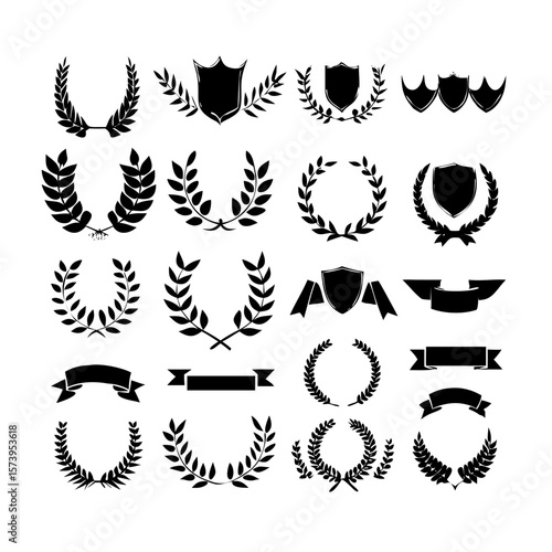elegant laurel wreaths, shields, wings, and ribbon vector set.black-and-white vector pack of wreaths, shields, banners, and wings .Collection of six heraldic emblems with shields laurels helmet.
