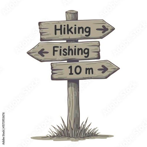 Wooden directional signpost indicating hiking fishing and a distance of ten meters