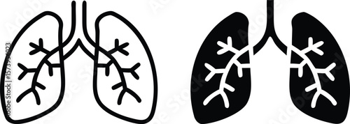 Lungs Icon Set – Black and White Human Respiratory Organ Anatomy Vector Illustration