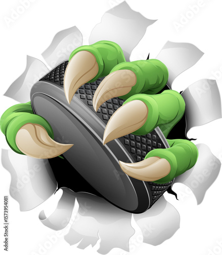 An ice hockey claw sports illustration of an eagle or animal monster hand holding a hockey puck