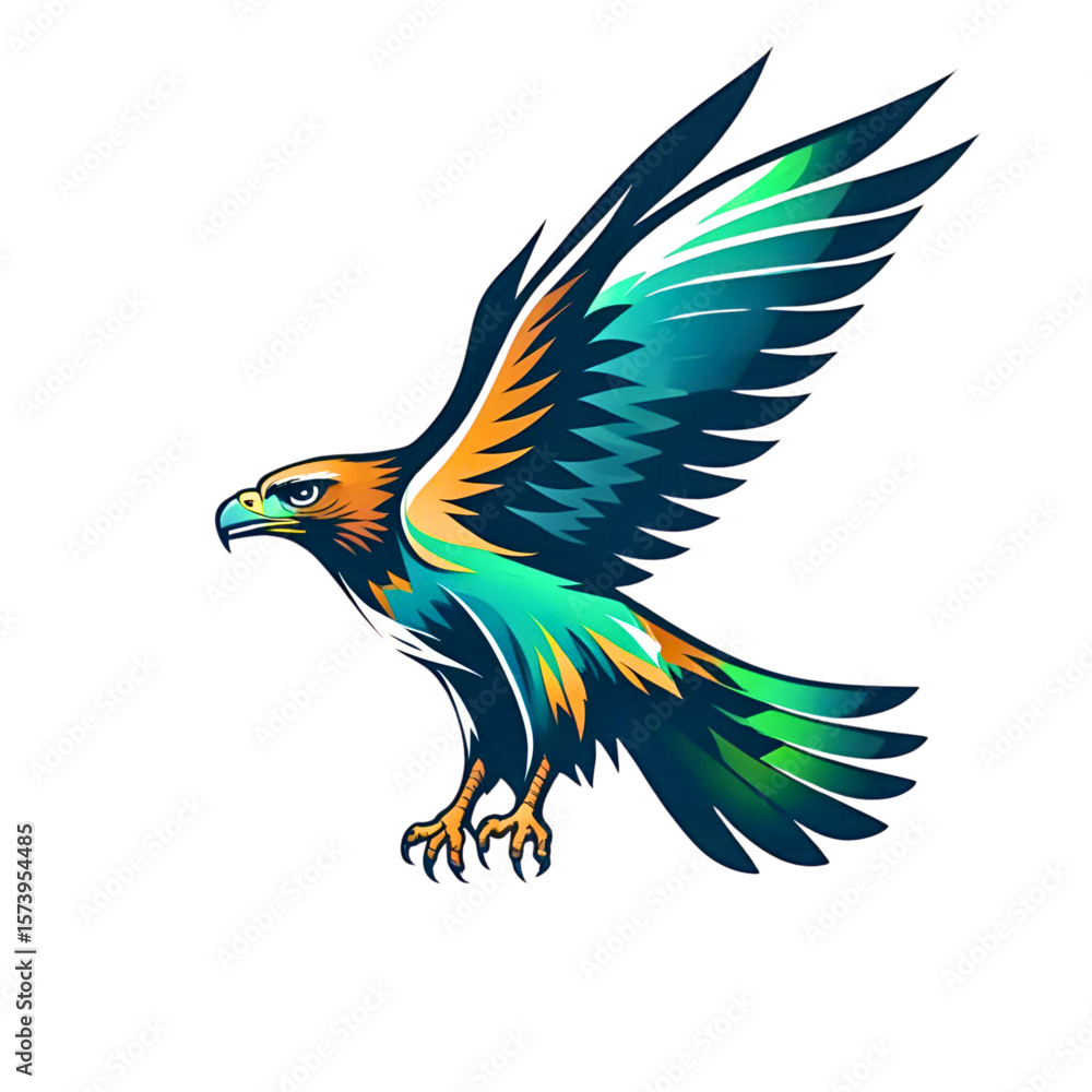 Obraz premium Stylized eagle with vibrant teal orange and dark blue feathers in flight