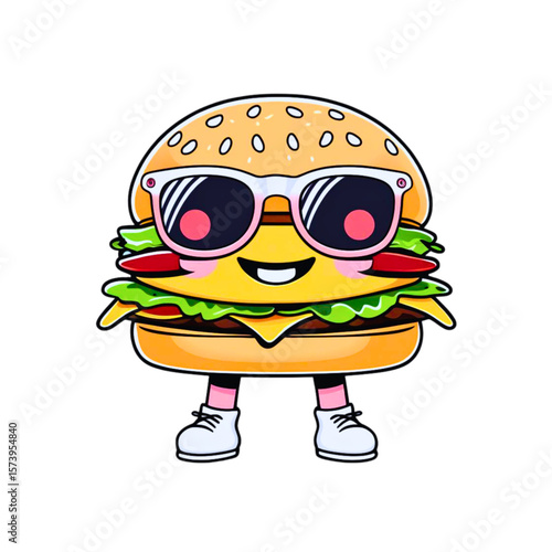 Cool cartoon hamburger character wearing sunglasses and sneakers 