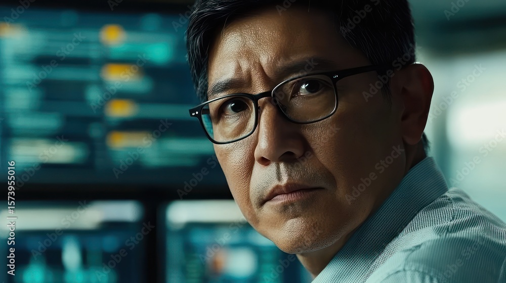 Obraz premium Serious Asian man monitoring data, office background, tech