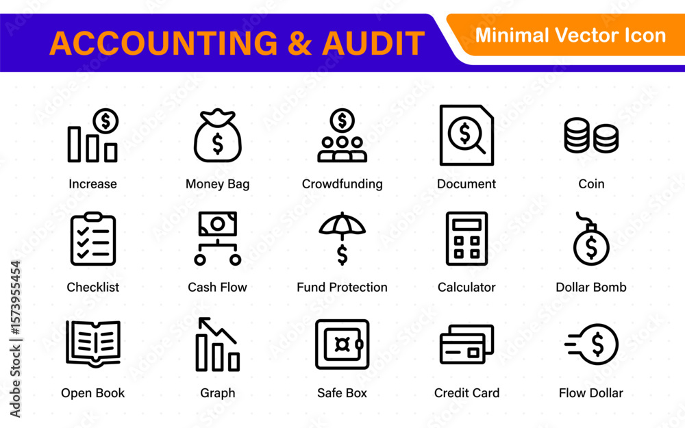 Obraz premium Collection of accounting and audit line icons. Business finance vector pack. Contains icons for tax return, payroll, earnings, income, deductions, ledger, and money management.
