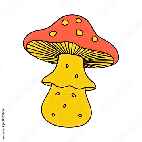 Whimsical cartoon mushroom with red cap and yellow stem on black background