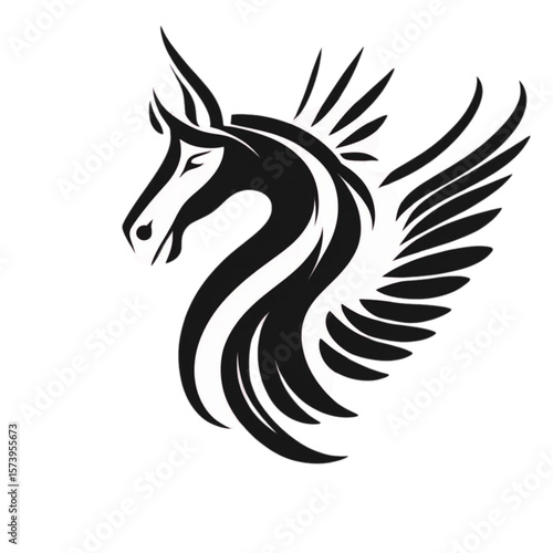 Stylized black and white pegasus horse head with wings 