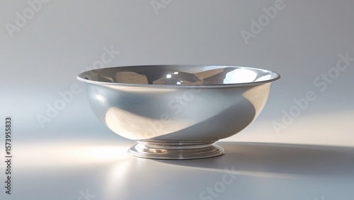 Polished silver bowl with decorative rim and pedestal base polished metal reflective surface