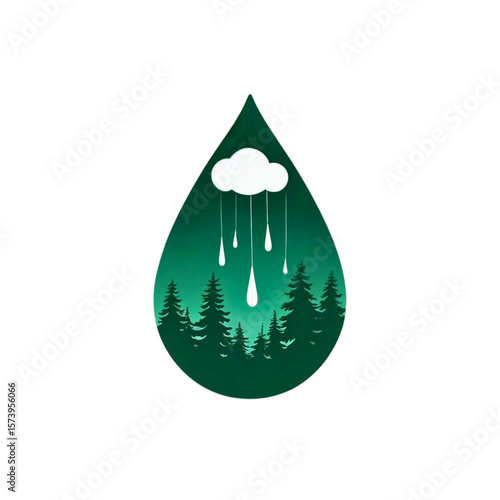 Stylized water drop contains a forest scene with rain falling from a cloud