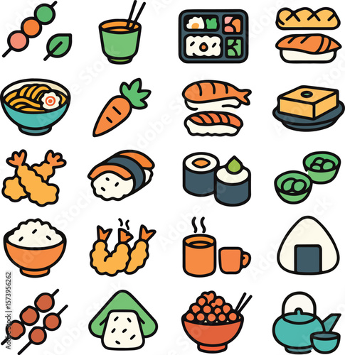 Collection of Japanese Cuisine and Food Items Featuring Delicious Dishes and Traditional Snacks Representing a Healthy Diet