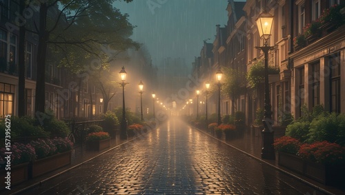 Rainy street with glowing lamps and cobblestones image