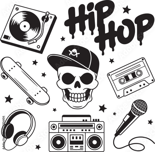 Hip hop skull with cap and boombox skateboard microphone cassette turntable vector black design art