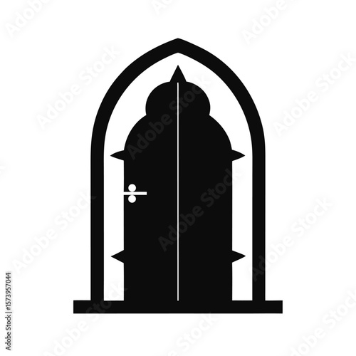Ancient arched door silhouette with iron hinges for historic and medieval architecture art