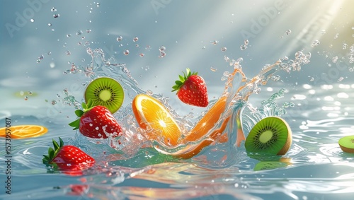 Ripe Strawberries Oranges Kiwis Splashing Water splash fruit