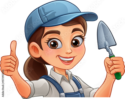 A woman female bricklayer holding a mortar trowel tool builder construction cartoon character mascot.