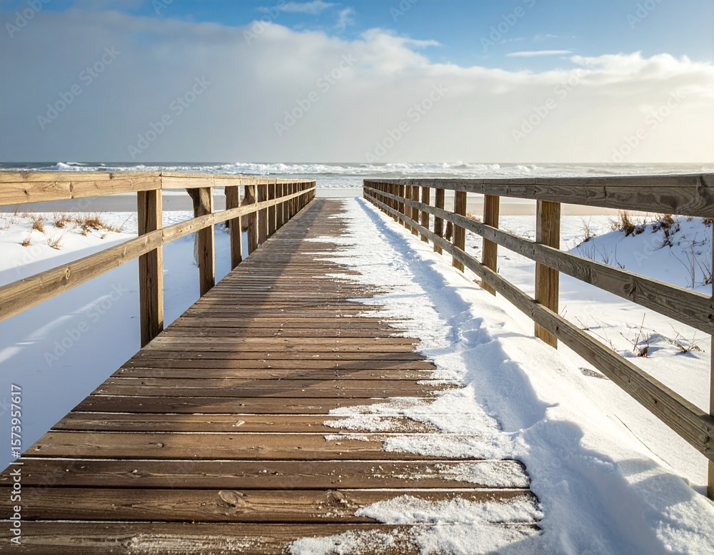 Fototapeta premium Winter Beach Boardwalk with Snow-Covered Path and Ocean Horizon