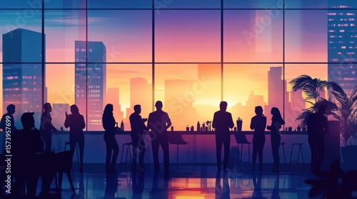 Silhouetted professionals socializing against a vibrant urban sunset backdrop