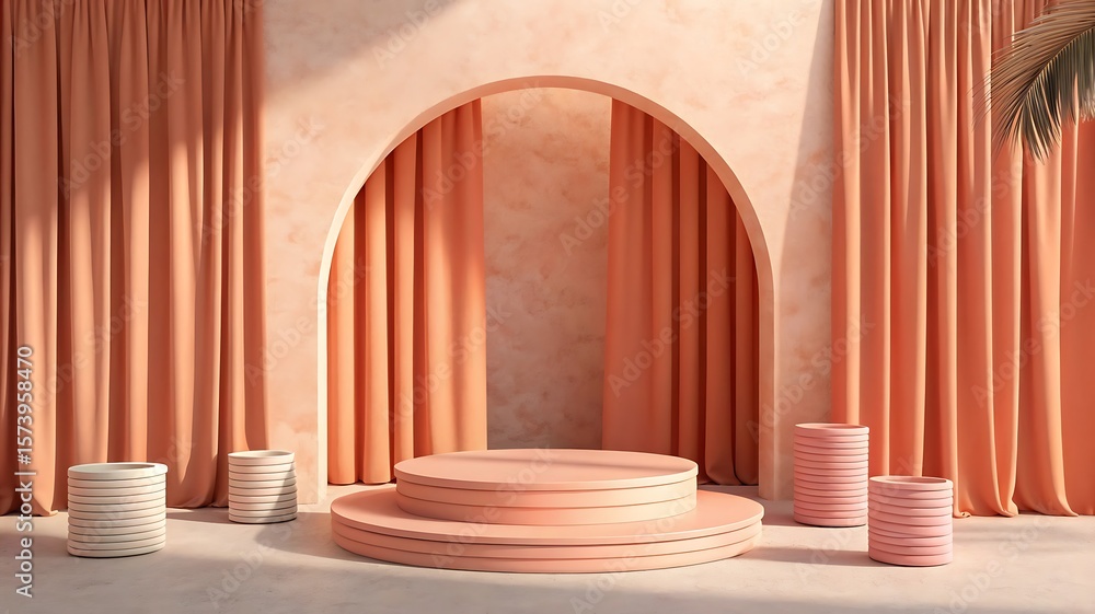 Minimalist Peach Studio Product Display with Arch and Curtains Minimalist Peach Studio Product Display with Arch and Curtains