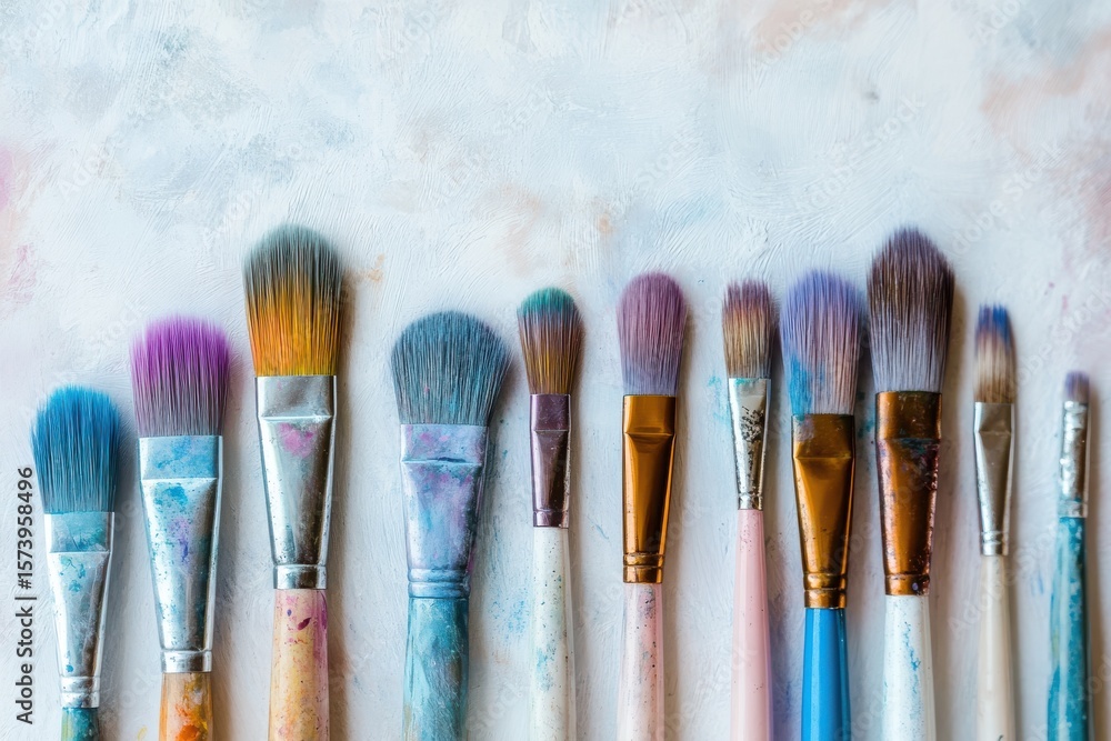 Fototapeta premium A collection of paint brushes with colorful bristles arranged on a textured white surface top view