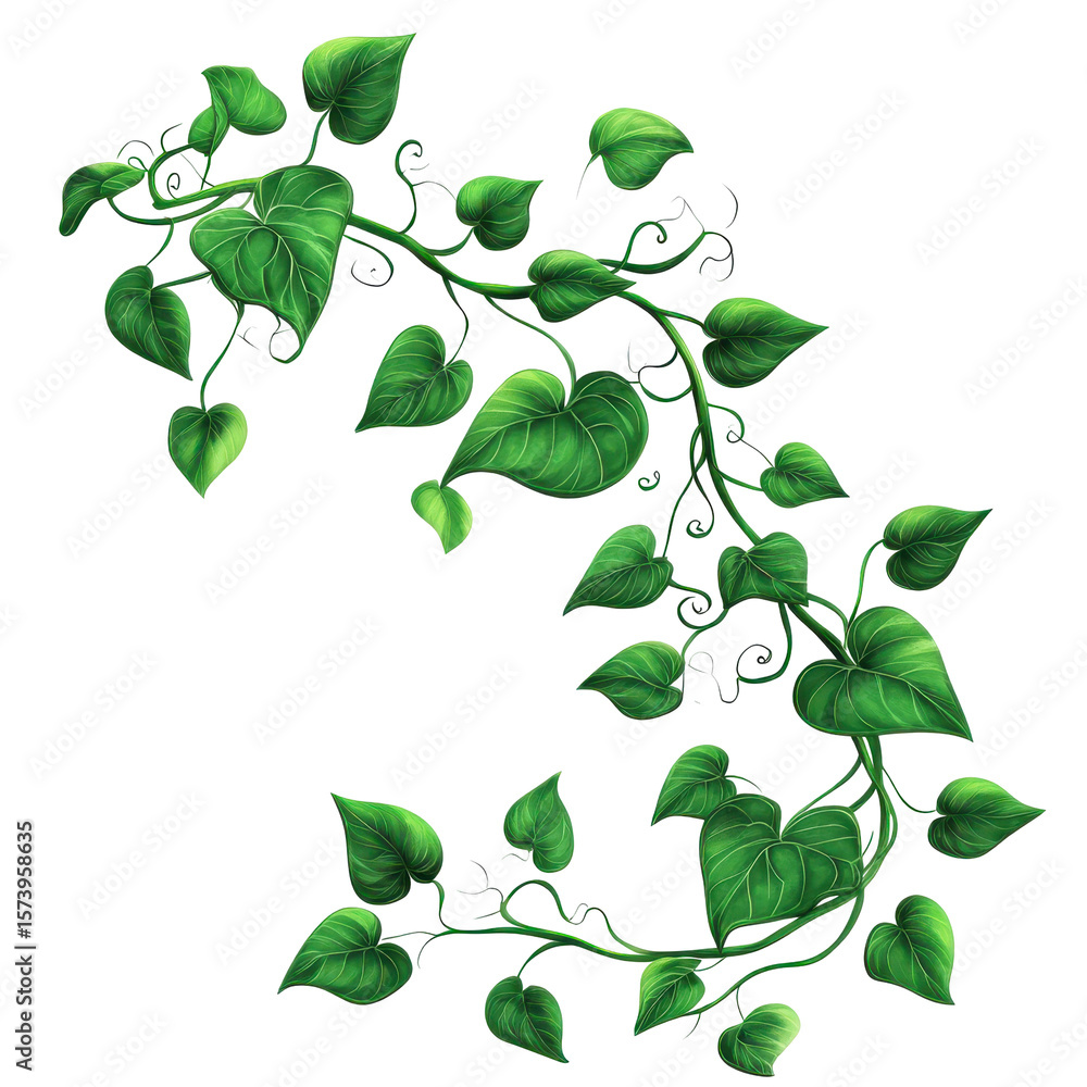 Obraz premium Lush Green Vine Twirling on Black Background Botanical Illustration isolated on a transparent background